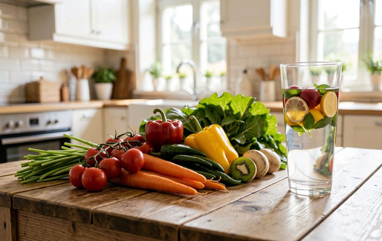 Frische Zutaten auf einer Holztheke in einer hellen Küche