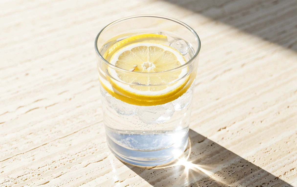 Glas Wasser mit Zitrone im Sonnenlicht